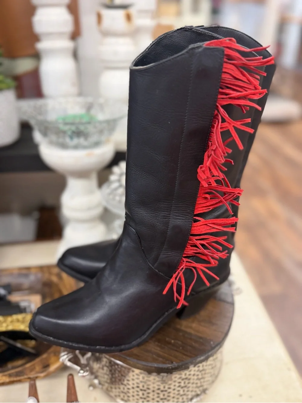 Dingo Vintage Women’s Black Leather snap on Fringe Boot - multi color fringe